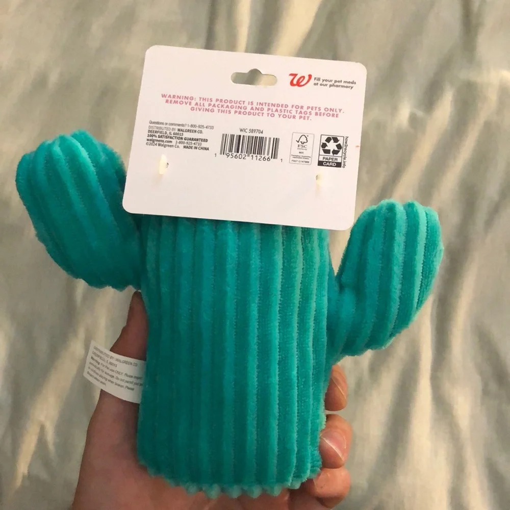 Teal Cactus Dog Toy with Pink Flower